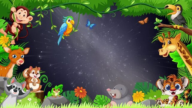 Cartoon Jungle Animal Frame with Moving Starry Night Sky Background