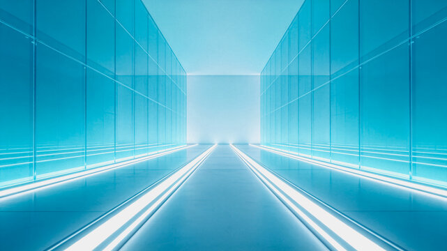 A sleek futuristic corridor with glass walls and glowing neon light lines leading to a bright end, creating a deep spatial perspective.