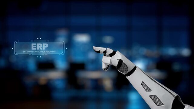A robotic arm interacts with a digital interface displaying ERP concepts, illustrating the integration of technology in business management and decision-making. Synapse