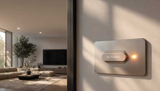 Smart home activate button with glowing indicator on wall beside modern living room interior