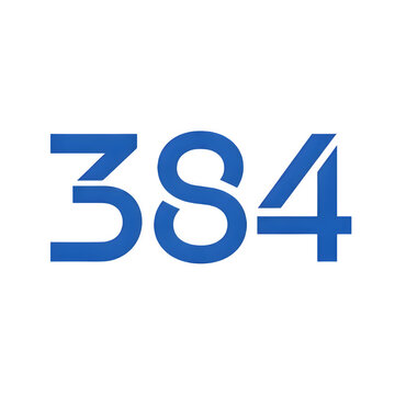 A clean blue typographic logo featuring the number '384' is centered on a plain white background.