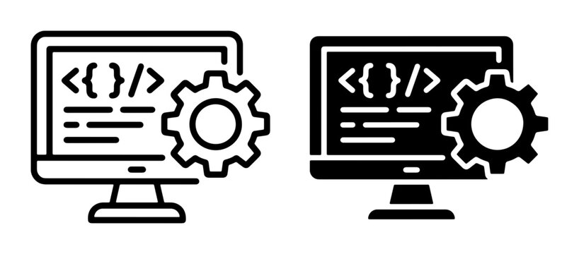 Coding and Development Icons, Computer with Code and Gear, Software Engineering Symbols, Programming and Automation Graphics