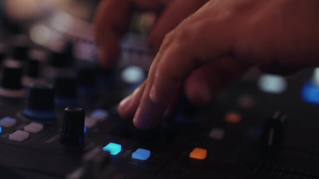 Extreme close-up of a DJ's hand repeatedly pushing a fader knob up and down on a lit audio mixing console, controlling volume levels during a live nightclub set or DJ performance