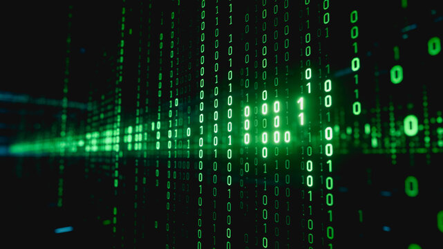 Glowing green binary code streams as digital data, representing cyber technology and information processing.
