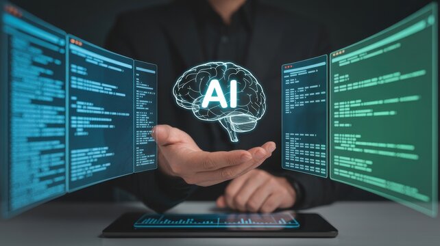 Artificial intelligence concept with glowing brain hologram above hand, surrounded by software code screens and digital technology interface