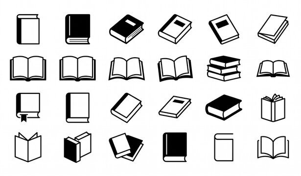 Minimalist Black and White Book Icons Open Pages Closed Upright and Tilted Vector Set