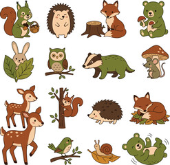 Obraz premium Charming woodland wildlife collection featuring adorable cartoon forest creatures like deer, foxes, bears, and owls engaging in playful everyday forest activities across multiple lively panels