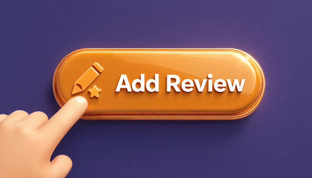 Hand pressing add review button with pencil and star icon on purple background concept for user feedback