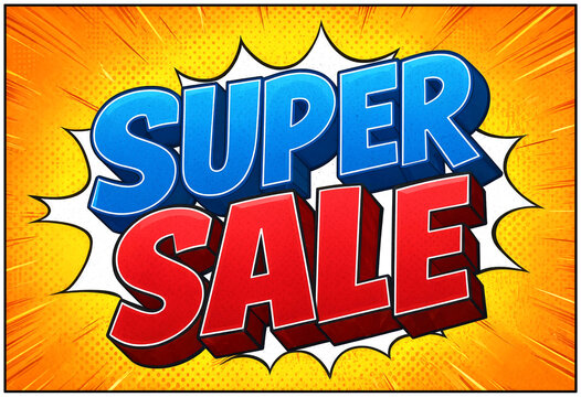 Bright and explosive comic book style super sale banner with bold letters and vibrant colors