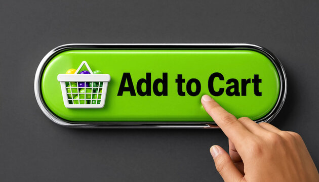 Hand pressing green add to cart button with shopping basket icon for e commerce concept