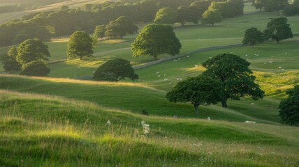 Obraz premium Rolling green countryside with trees, stone wall, sheep, and evening sunlight