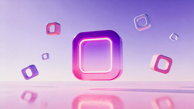 3D rendered glowing rounded square icons floating on a soft pastel gradient background with subtle reflections, modern abstract design elements.