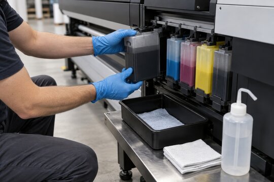 Technician replacing ink cartridge in large format printer