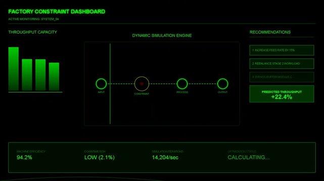 Industrial factory constraint dashboard with digital monitoring data, manufacturing metrics, production flow, real-time optimization, efficiency analysis, automation system UI