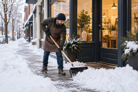 Small business owner clearing snow from shop entrance