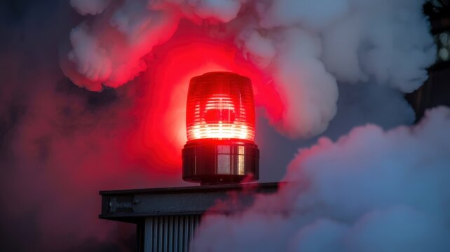 Red emergency warning beacon glowing through thick smoke