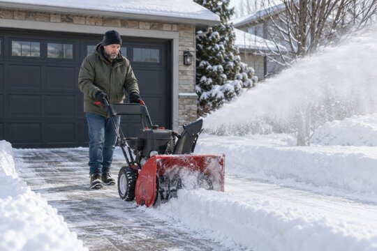 Man clearing a residential driveway with a snow blower
