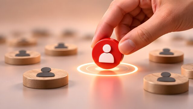 Hand selecting a red human icon among wooden blocks representing recruitment strategy leadership choice and targeted human resources management