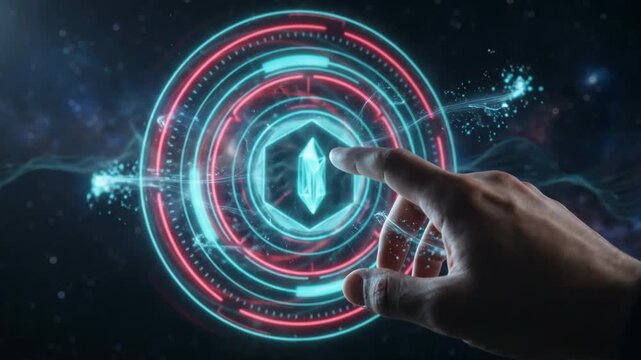 Digital technology showing hand touching glowing futuristic interface with circular hologram display in cyberspace, interactive futuristic UI system operating innovation within virtual reality.