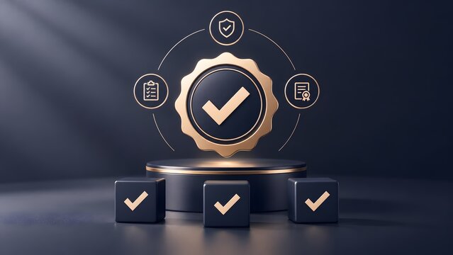 Golden checkmark badge on a podium surrounded by document and checklist icons representing ultimate quality assurance top certification and compliance standard
