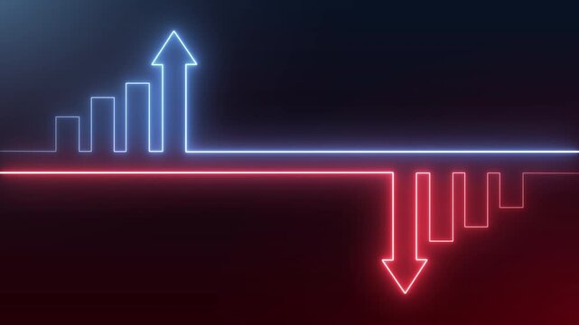 Glowing blue and red chart animation showing rising quality and falling costs, ideal for business analysis, efficiency, and finance on a black background, 4K video