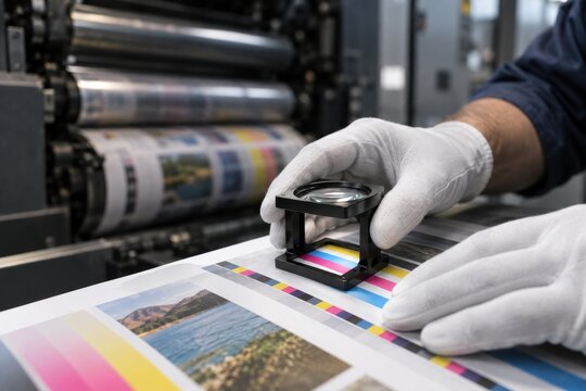 Gloved hands checking CMYK color proof with magnifier