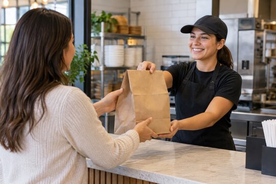 Cafe worker handing a takeout bag to a customer at the counter