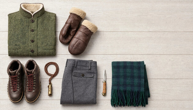 Men's outdoor winter gear laid flat on wooden surface including jacket boots mittens scarf and knife