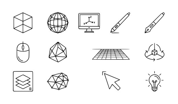3D modeling and digital design line art icon set for creative workflows