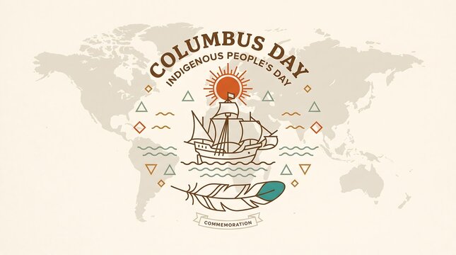 Columbus day and indigenous peoples day commemorative graphic with a sailing ship, sun, and feather icon over a world map background