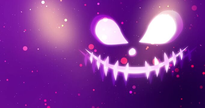 Cute spooky Halloween-themed ghost face glowing party animation. Floating particles and horror smile festive season advertisement, decoration focused bg. Adorable cute booing blinking ghost for kids.
