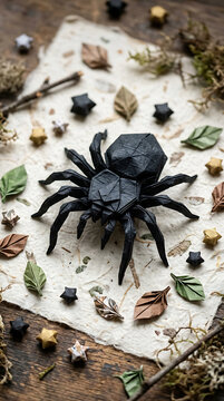 Intricate black origami spider meticulously crafted and placed amidst delicate paper foliage and sparkling stars on a textured natural background, evoking a mysterious forest floor tableau