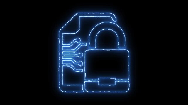 Encryption data neon glowing animation loop icon security lock privacy cybersecurity code file protection safe motion isolated dark background