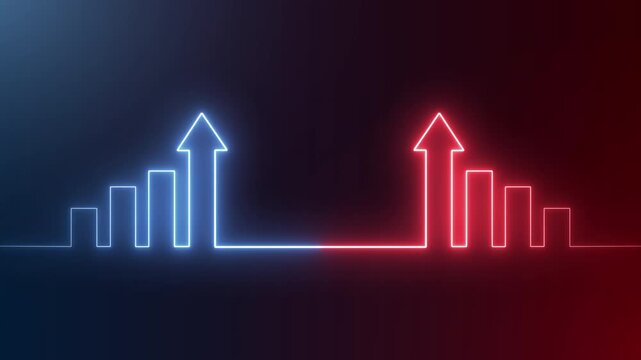 Neon blue and red arrows showing contrasting growth trends for quality and cost on a black background, 4K video