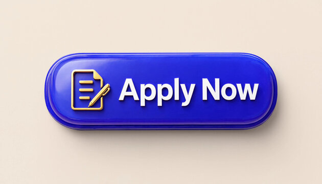 Apply now button with document and pen icon on blue background for online application concept
