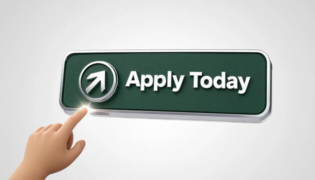 Hand pressing apply today button with upward arrow symbol on green interface for online application concept