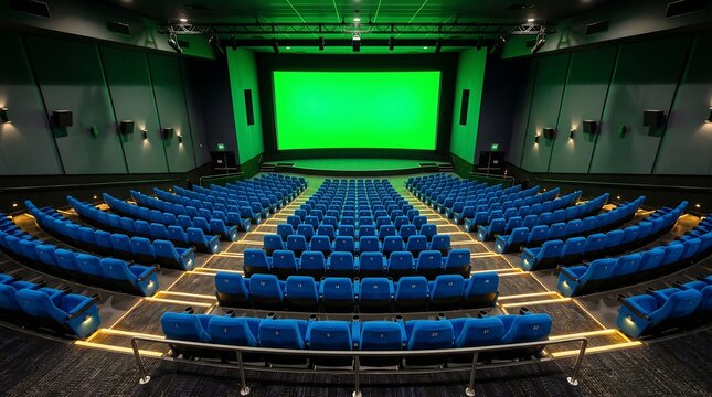 Empty modern cinema hall with comfortable blue seats, illuminated aisles, and a large green screen stage, ready for a movie projection or virtual production