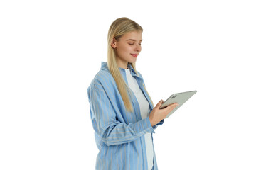 Woman smiles while using tablet, enjoying digital interaction, PNG © Atlas