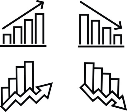 Business growth and decline bar chart icon set. featuring increasing profit graph, decreasing loss chart, market trend, financial analysis, and trade stats in black line vector design.