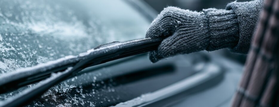 Driver cleaning frozen windshield wiper on a car during winter  