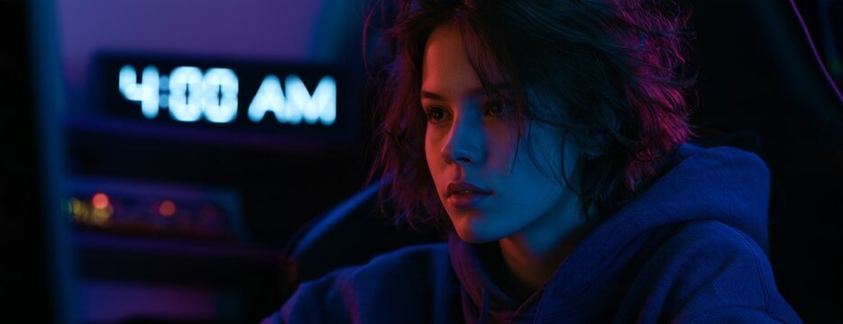 Young woman focused on computer screen at 4 AM in dimly lit room  