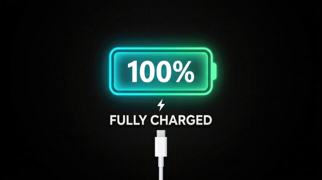 Glowing digital battery icon showing full charge status with neon green lights on black background screen