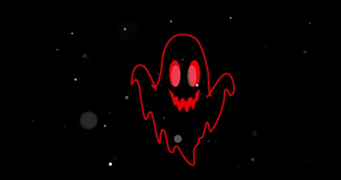Animated Cute Halloween Ghost outlined. Spooky haunted spirit character floating booing and teasing with scary teeth. Haunted night ghost themed halloween party decoration asset. Cute ghost twirling.

