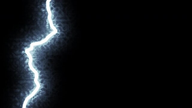 Thick blue electric lightning bolts striking across a black background with crackling plasma glow. Seamless loop overlay with alpha channel for title backgrounds, trailers and energy transitions.