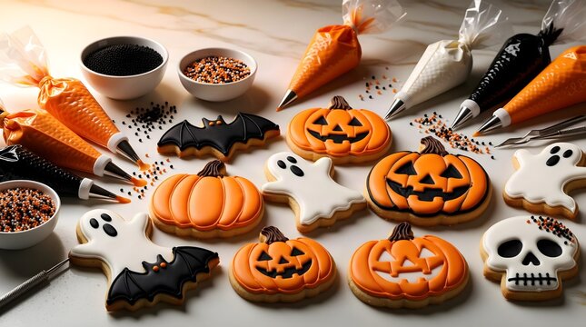 Halloween cookies with pumpkins ghosts and bats
