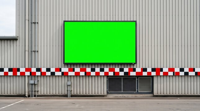 Large green screen billboard on corrugated metal wall with checkered barrier below