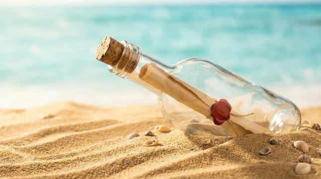 Rolled paper note inside transparent glass bottle resting on golden beach sand under bright sunlight