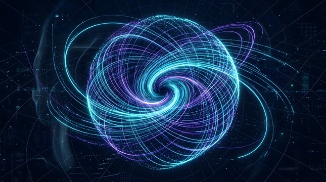 Spiral galaxy simulation with glowing lines against a dark digital background