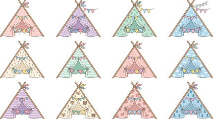Cute Pastel Teepee Tent Icon Set with stars, clouds, stripes, chevron, bunting flags, and forest animal patterns for Scandinavian nursery playroom decor and baby shower card designs © MSTSULTANA