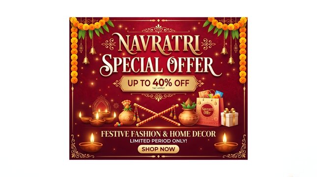 Navratri Special Offer Festival Poster with Up to 40% Discount, Traditional Decorations and Festive Design